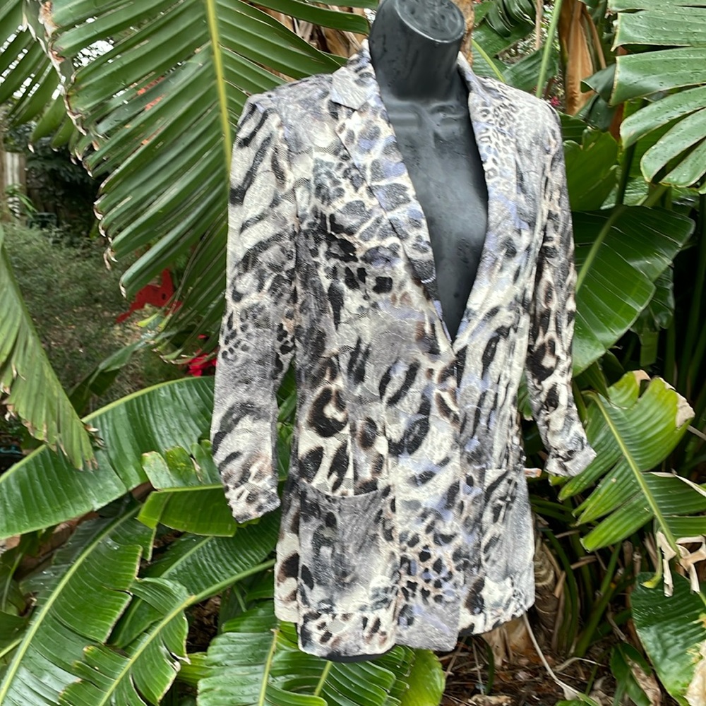Alberto Makali sheer lace, iridescent animal print jacket